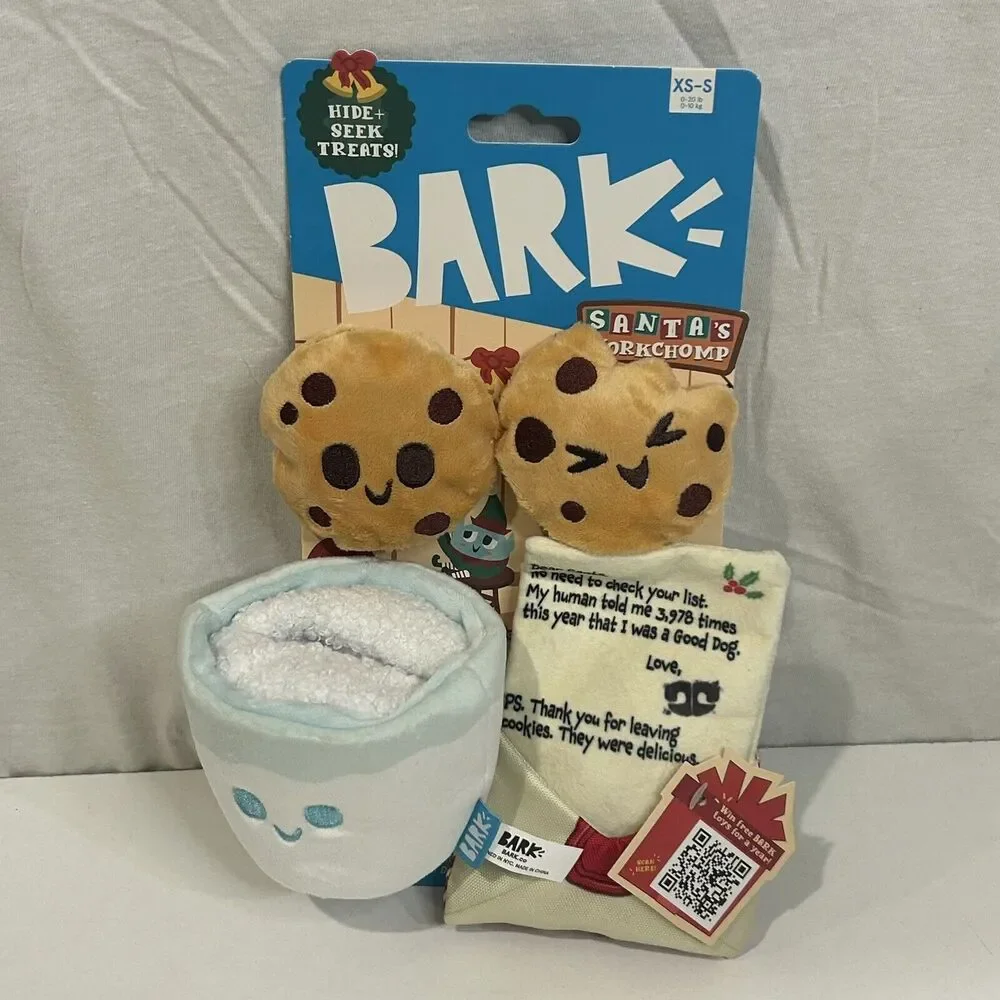 Bark Santas Workchomp Dog Toy 0-20 lbs Hide Treats Squeak Crinkle XS-S NWT